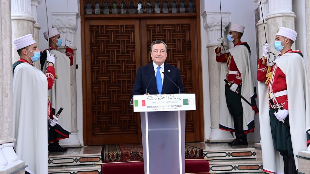 Italian prime minister Mario Draghi in Algiers: Draghi says he will not block EU sanctions on Russian gas and has moved to secure alternative supplies from Algeria. Photograph: Algerian presidency handout/ EPA