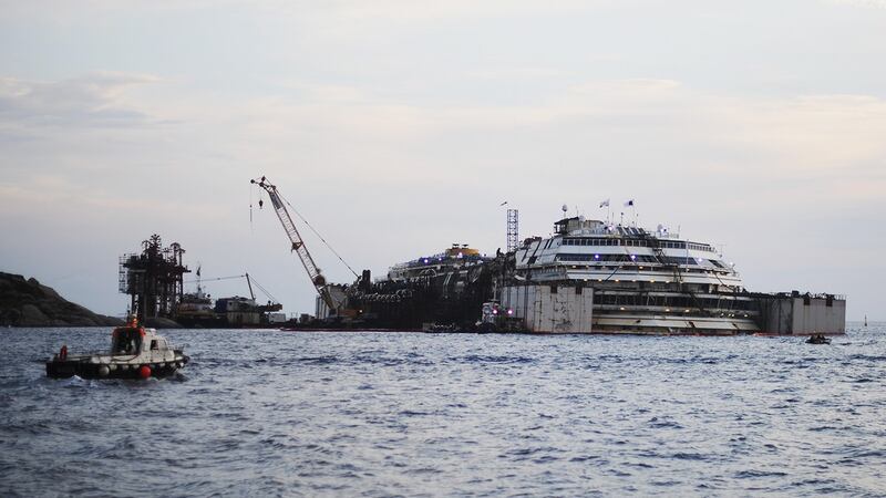 The wrecked ship Costa Concordia during the refloating operations in Isola del Giglio, Italy today. Photograph: Laura Lezza/Getty Images