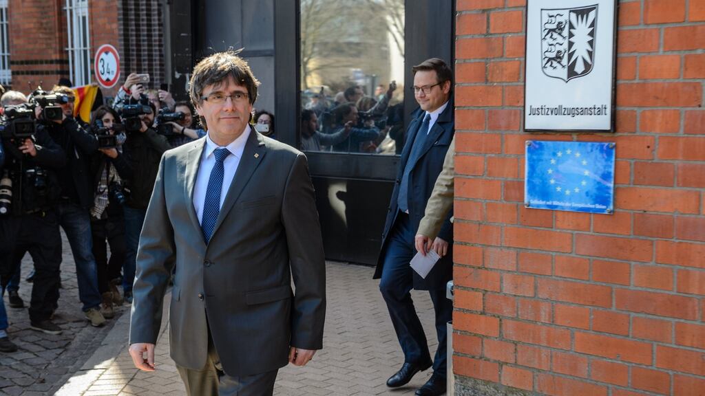 Former Catalan leader Carles Puigdemont leaves prison in Neumuenster, Germany on Friday after posting bail. Photograph: Jens Schlueter/EPA