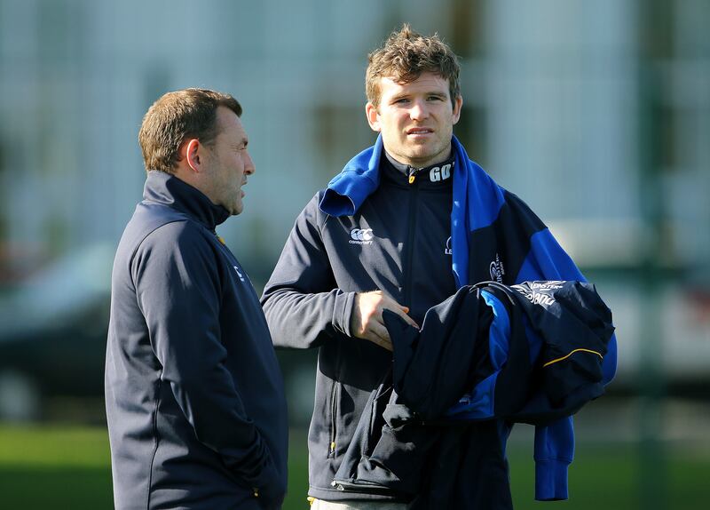 Richie Murphy and Gordon D'Arcy in Leinster squad training in 2014. Photograph: Cathal Noonan/Inpho