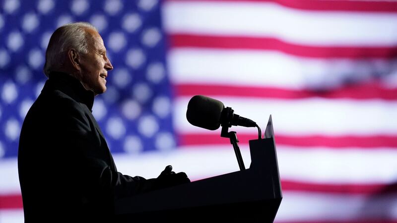Joe Biden speaks at a drive-in rally at Heinz Field i Monday. Photograph: Andrew Harnik/AP