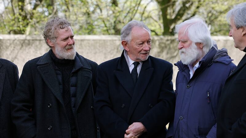 Glen Hansard, Phil Coulter and John Sheehan of the Dubliners at the funeral of Pete St John. Photograph: Alan Betson