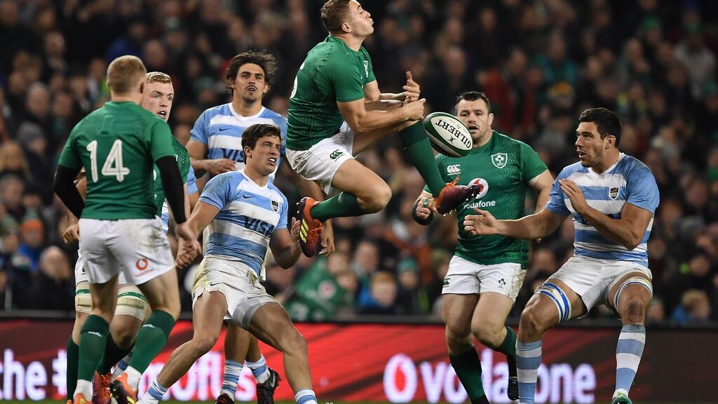 Jordan Larmour fumbles a catch during the international against Argentina at the Aviva Stadium. Photograph: Charles McQuillan/Getty Images