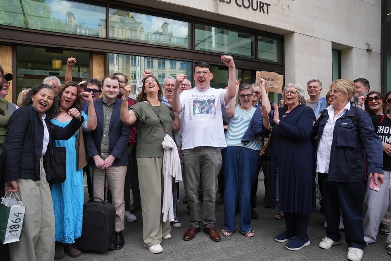 Graham Linehan with supporters outside Westminster Magistrates' Court in London on Monday. Photograph: Lucy North/PA Wire