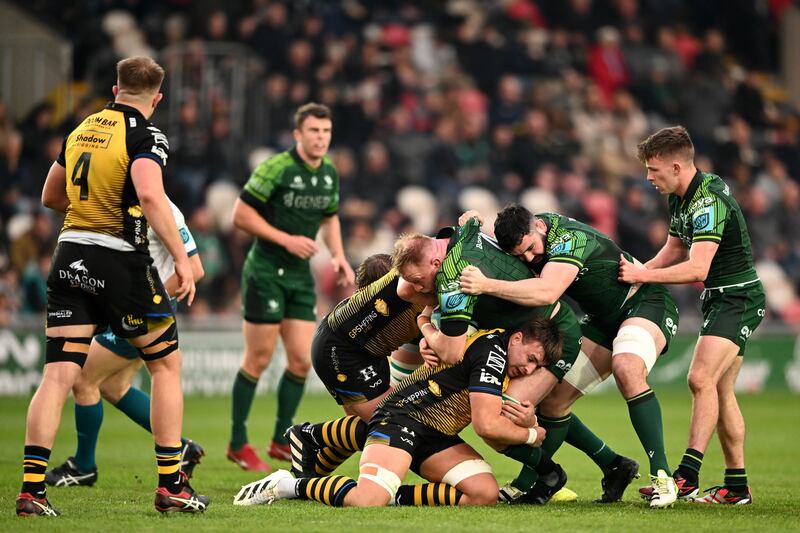 Joe Joyce of Connacht carries into the Dragons defence. Photograph: Ashley Crowden/Inpho