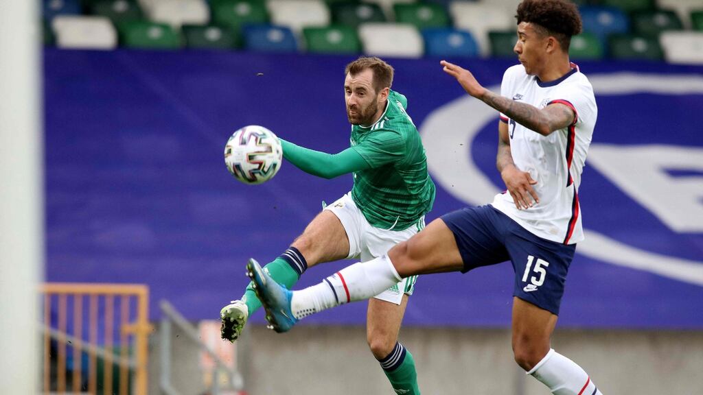 Northern Ireland’s  Niall McGinn scores during the international friendly against the USA at Windsor Park. Photograph:  Paul Faith/AFP via Getty Images