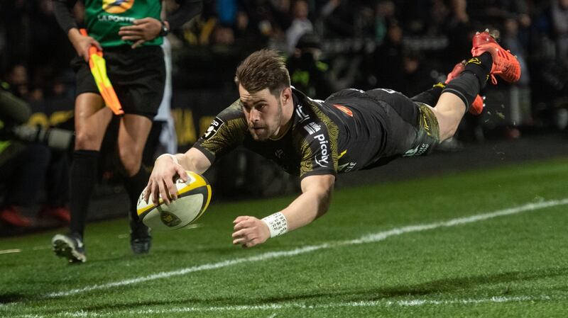 La Rochelle’s French wing Arthur Retiere scores a try during the French Top 14 against Montpellier at the Marcel Deflandre Stadium in La Rochelle. Photograph: Xavier Leoty/AFP via Getty Images