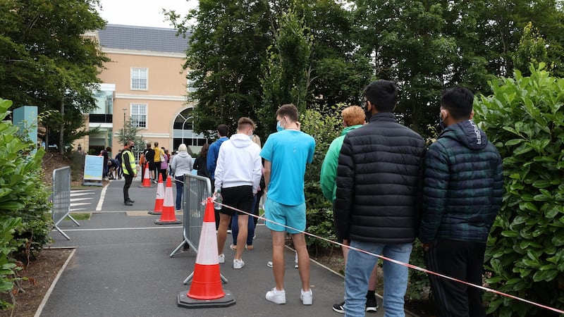 A queue outside the vaccination centre at Citywest in Dublin on Sunday. Photograph: Collins