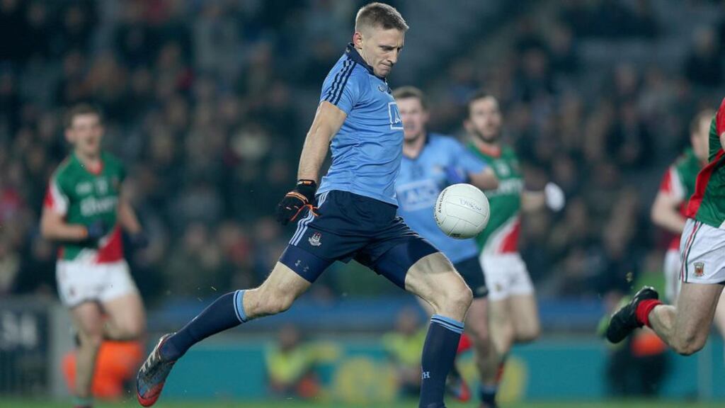 Dublin Eoghan O’Gara scores his second goal to level the scores in the Allianz Football League Division One game against Mayo at Croke Park. Photograph: Donall Farmer/Inpho