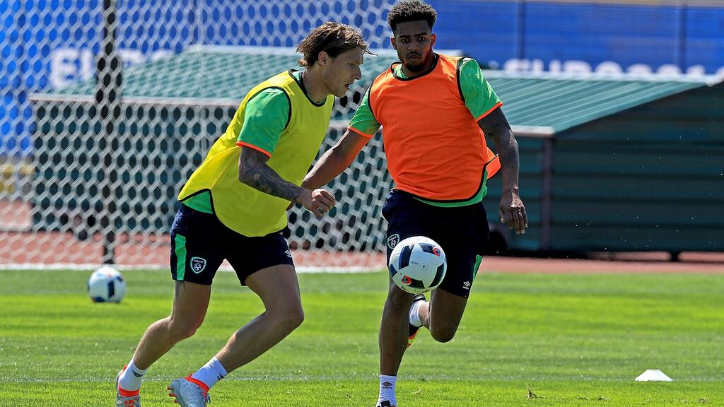 Cyrus Christie and Jeff Hendrick during Ireland training. The pair lived together while playing for Derby County before Hendrick’s move to Premier League side Burnley. Photo: Inpho