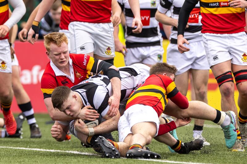 PBC’s James O’Leary scores a try against CBC in the dramatic Munster Schools Senior Cup Final at Virgin Media Park, Cork. Photograph: Morgan Treacy/Inpho