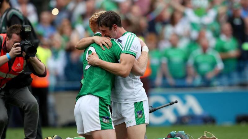 Limerick’s Cian Lynch and Nickie Quaid celebrate after their side’s All-Ireland Senior Hurling Championship final win at Croke Park. Photograph: Bryan Keane/Inpho