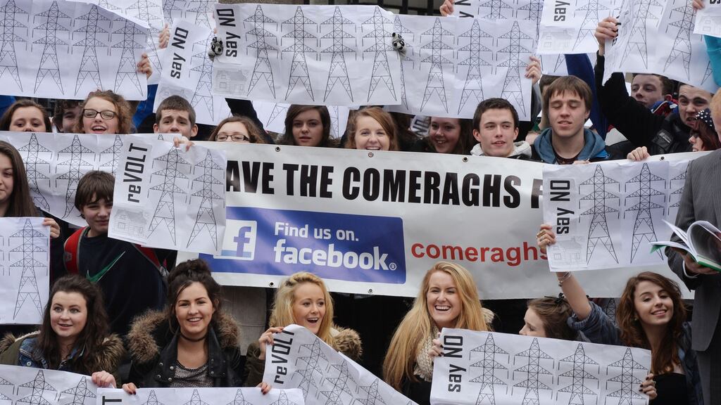 Students at St  Declan’s Community College, Kilmacthomas, Co Waterford, protesting about pylons in the Comeragh region. Photograph: Alan Betson