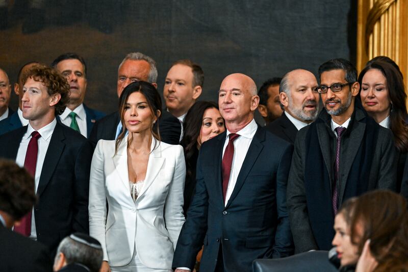 Jeff Bezos and his fiancee Lauren Sanchez, flanked by Meta chief executive Mark Zuckerberg and Google chief executive Sundar Pichai, attend Donald Trump's inauguration as US president in January. Photograph: Kenny Holston/New York Times