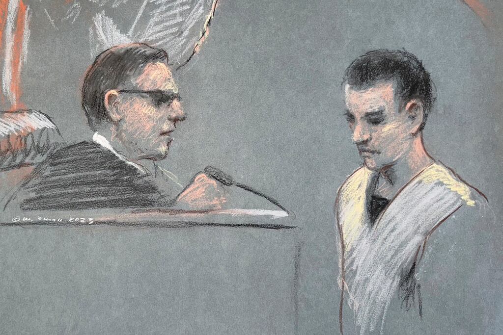 Massachusetts Air National Guardsman Jack Teixeira appears in court in Boston. Illustration: Margaret Small/AP