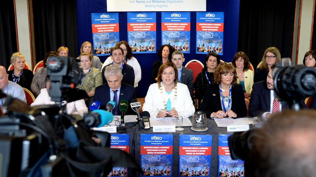 INMO general secretary Liam Doran and president Claire Mahon speaking to the press at the INMO conference in the Gleneagle Hotel, Killarney, yesterday. Photograph: Don MacMonagle