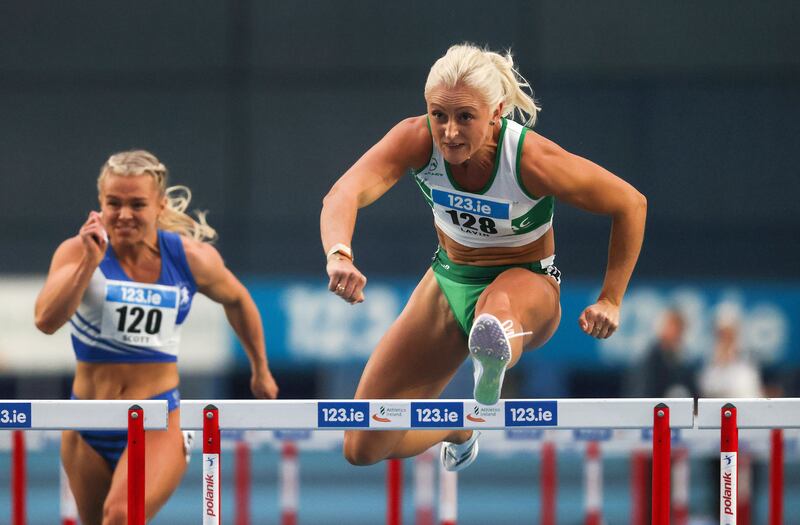 Sarah Lavin of Emerald AC in the Senior Women's 60m Hurdles final at the National Indoor Championships in Blanchardstown, Dublin last Saturday. Photograph: Bryan Keane/Inpho
