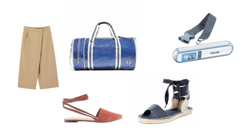 Cos wide leg trousers with wrap front, €99; Fred Perry barrel bag, €80; Beurer luggage scale with tape, €19.99 from Argos; Asos pointed flat shoes, €30.89; New Look black canvas-tie espadrilles, €12.99