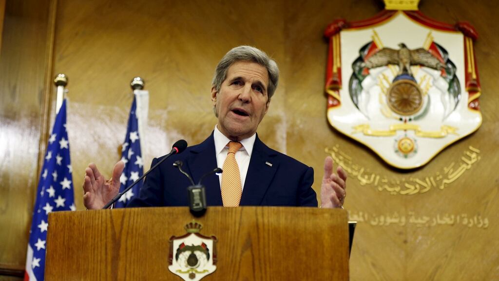 US secretary of state John Kerry speaks during a joint news conference with Jordan’s foreign minister Nasser Judeh in Amman on Sunday. Photograph: Muhammad Hamed/Reuters.