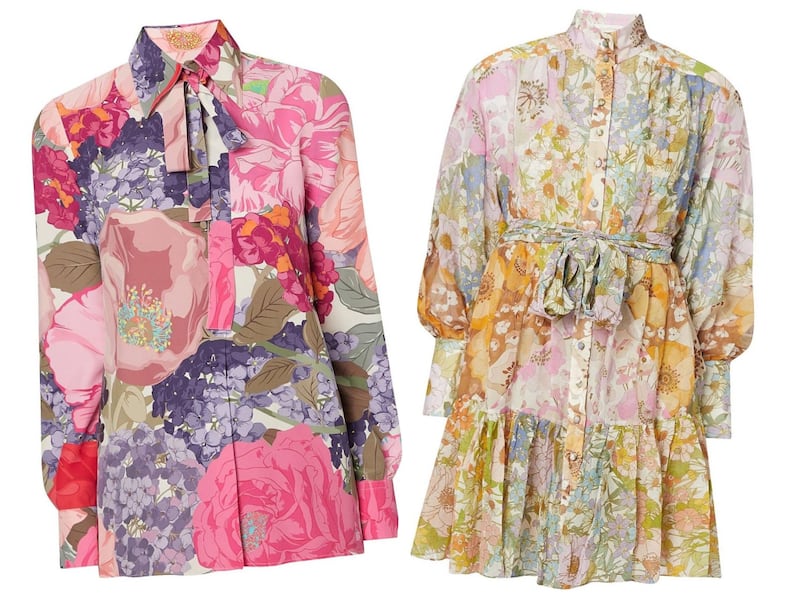 Valentino flower shirt, €1,290; Zimmermann Super Eight Lantern mini dress, €895