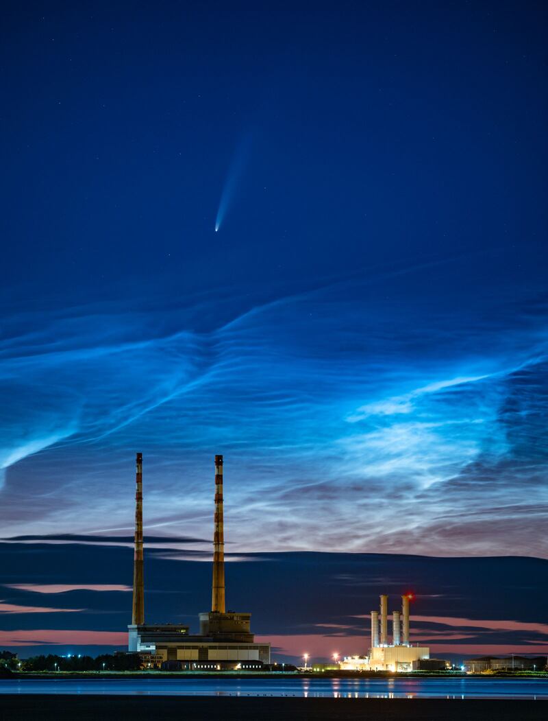 Comet Neowise over the Poolbeg power station in Dublin in the early hours of Saturday morning. Photograph: Antonio Martin-Carrillo