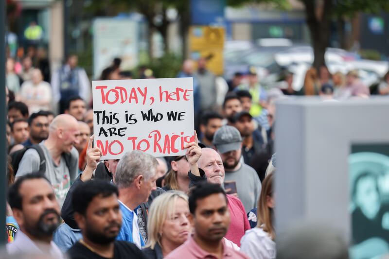 Attendees watch speeches at the antiracism protest in Tallaght. Photograph: Dan Dennison