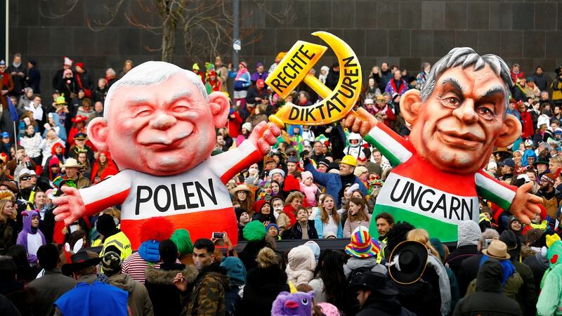 A carnival float depicting leader of the ruling party Law and Justice in Poland Jaroslaw Kaczynski and Hungarian Prime Minister Viktor Orban at the traditional Rosenmontag carnival parade in Duesseldorf, Germany, in February 2018. File photograph: Thilo Schmuelgen/Reuters