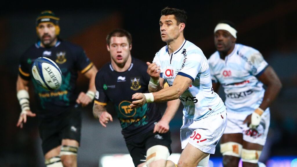 Northampton Saints’s Teimana Harrison takes on Dan Carter of Racing 92. Photograph: INPHO/James Crombie