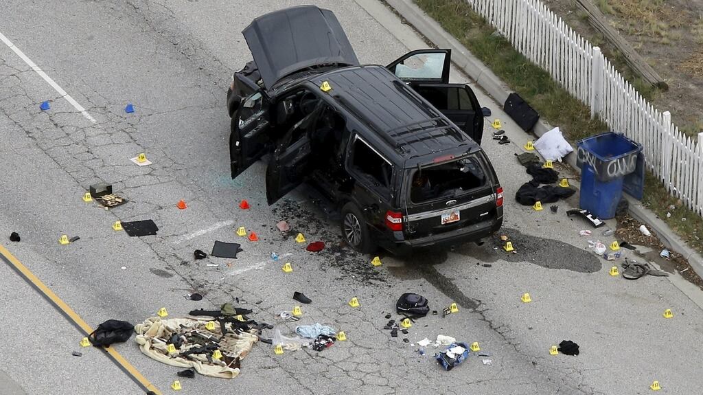 The remains of a SUV involved in the December 3rd attack in San Bernardino, California. There are reports in the US that in the wake of Paris and San Bernardino that some people are again avoiding public places and gun sales are soaring. Photograph: Mario Anzuoni/Reuters