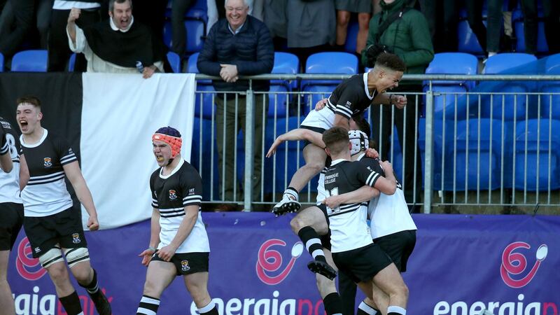 Newbridge players celebrate at the final whistle after beating St Michael’s. Photo: Bryan Keane/Inpho