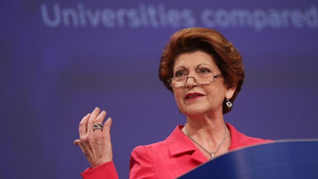 Androulla Vassiliou, the European Commissioner for Education, Culture, Multilingualism and Youth, presents the new international university ranking U-Multirank at the EU commission headquarters in Brussels today.Photograph: Olivier Hoslet/ EPA