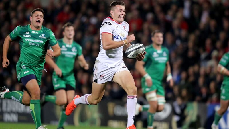 Ulster’s Jacob Stockdale runs in a try in the Guinness PRO14 match against Connacht at Kingspan Stadium in Belfast earlier this month. Photograph: Dan Sheridan/Inpho