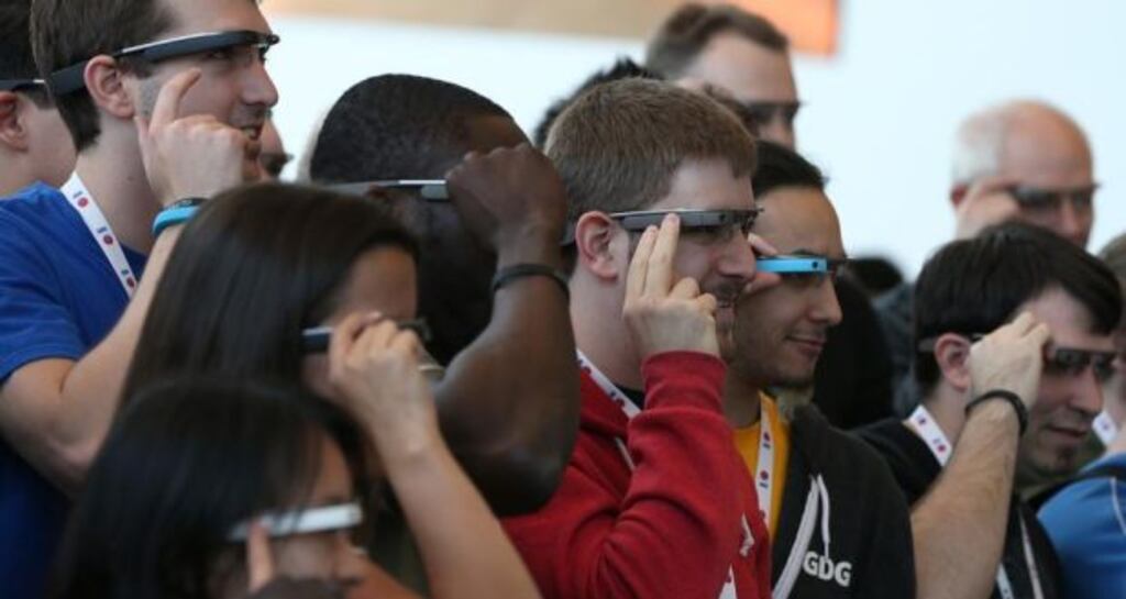 Attendees wear Google Glass while posing for a group photo during the Google I/O developer conference in San Francisco last May. Photograph: Justin Sullivan/Getty Images