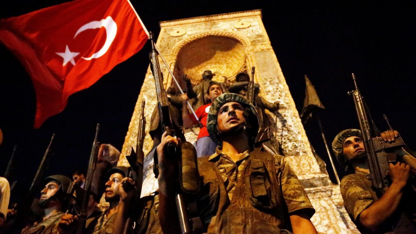 Turkish soldiers stand guard at the Taksim Square in Istanbul, Turkey. Photograph: Sedat Suna/EPA