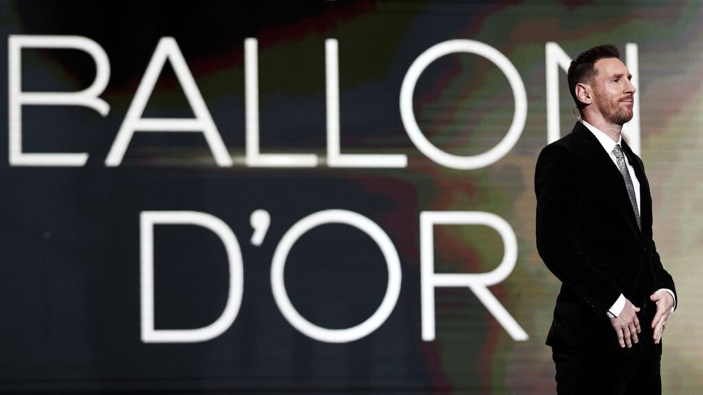 Barcelona forward Lionel Messi is announced winner of the men’s 2019 Ballon d’Or at Theatre du Chatelet in Paris. Photograph: Yoan Valat/EPA