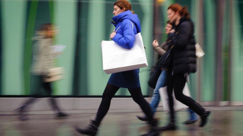 Shoppers carrying shopping bags on Oxford Street, in central London. Retail sales slipped back during a weather-hit January, official figures showed today.Photograph: Dominic Lipinski/PA Wire