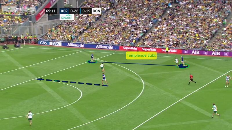 Joe O'Connor senses something is on and drives forward for Kerry's late goal.