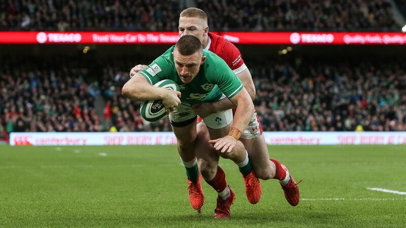 Andrew Conway dives to score during Ireland’s win over Wales. Photograph: Gary Carr/Inpho