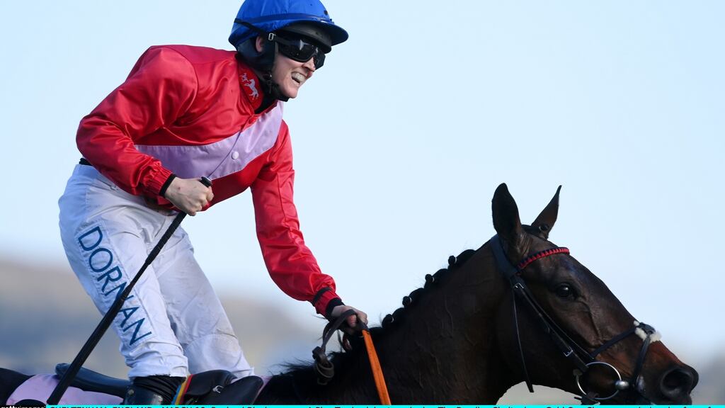 Rachael Blackmore on A Plus Tard celebrates winning the Gold Cup on day four of the Cheltenham Festival. Photograph: Mike Hewitt/Getty Images