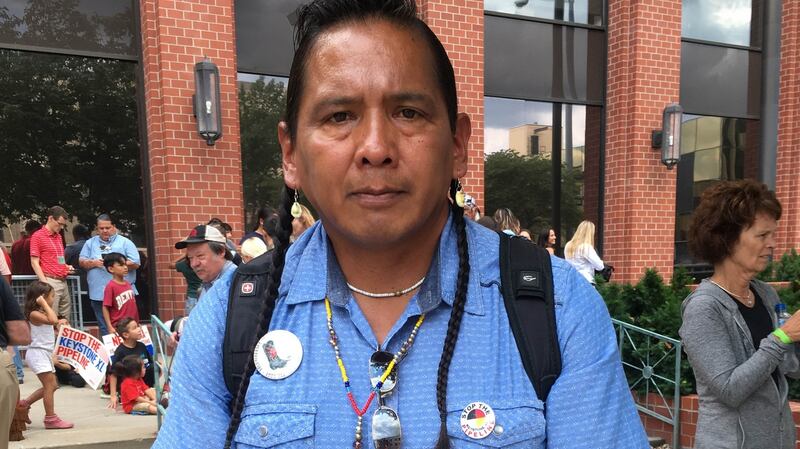 Gary Dore, a member of the Nez Perce Native American tribe from Idaho, outside the hearing in Lincoln into the construction of the Keystone oil pipeline through Nebraska. Photograph: Suzanne Lynch