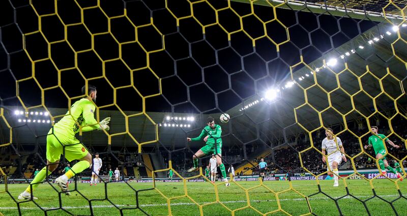 Ireland's Finn Azaz scores his sides first goal. Photograph: Ryan Byrne/Inpho