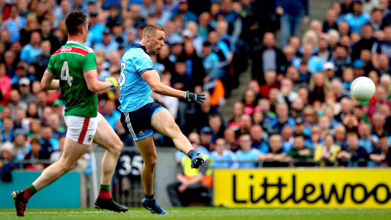 Paul Mannion’s left foot contributed three points in a seven-minute spell. Photograph: Ryan Byrne/Inpho