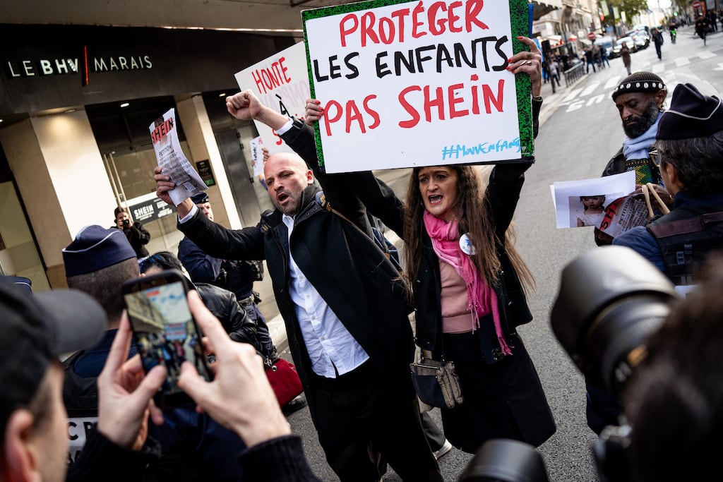 Protests took place in France following Shein's sales of childlike sex dolls on its marketplace. Shein has now suspended its 'adult products' category on its marketplace. Photograph: Amaury Cornu / Hans Lucas via AFP via Getty Images