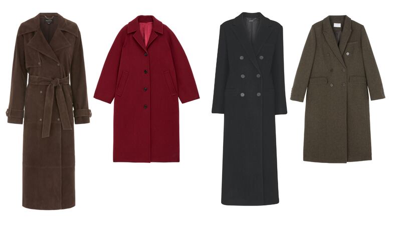 Chocolate suede trench (€1,169) from Whistles; Burgundy coat (€299) from Arket; Black maxi coat (€479) from Whistles and Houndstooth coat (€65) from Primark