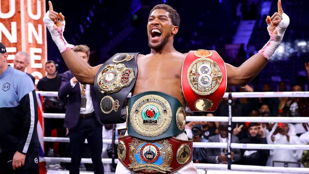 Anthony Joshua celebrates his rematch win over Andy Ruiz Jr, just over a year ago. Photograph: Richard Heathcote/Getty