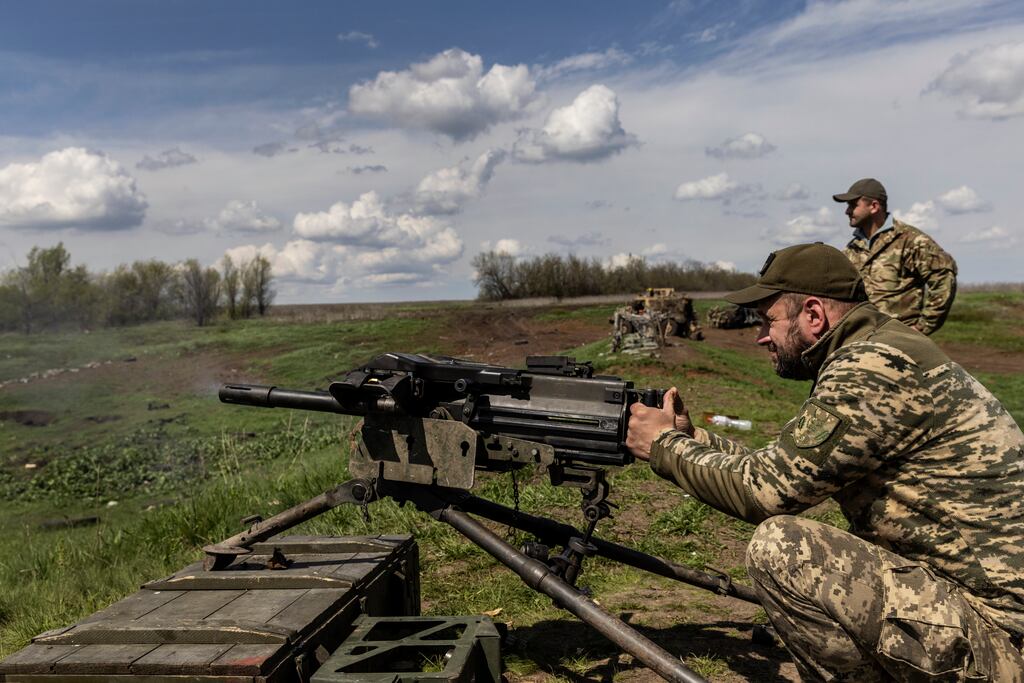 A soldier with Ukraine’s 68th Jaeger Brigade fires an American-made grenade launcher during training in the Donetsk Region of Ukraine, April 27th. Both the Ukrainians and Russians are gearing up for the summer fighting season. Photograph: David Guttenfelder/The New York Times