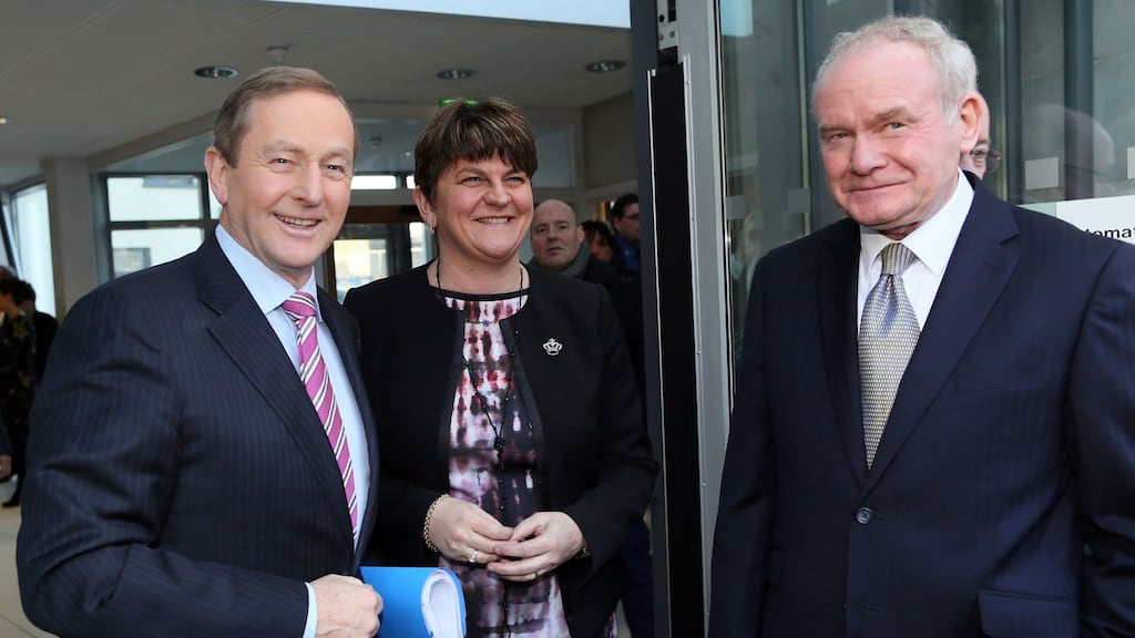 Taoisach Enda Kenny NI First Minister Arlene Foster and NI Deputy First Minister Martin McGuinness at the North-South Ministerial Council meeting in Armagh on Friday. Photograph: Paul Faith/AFP/Getty Images
