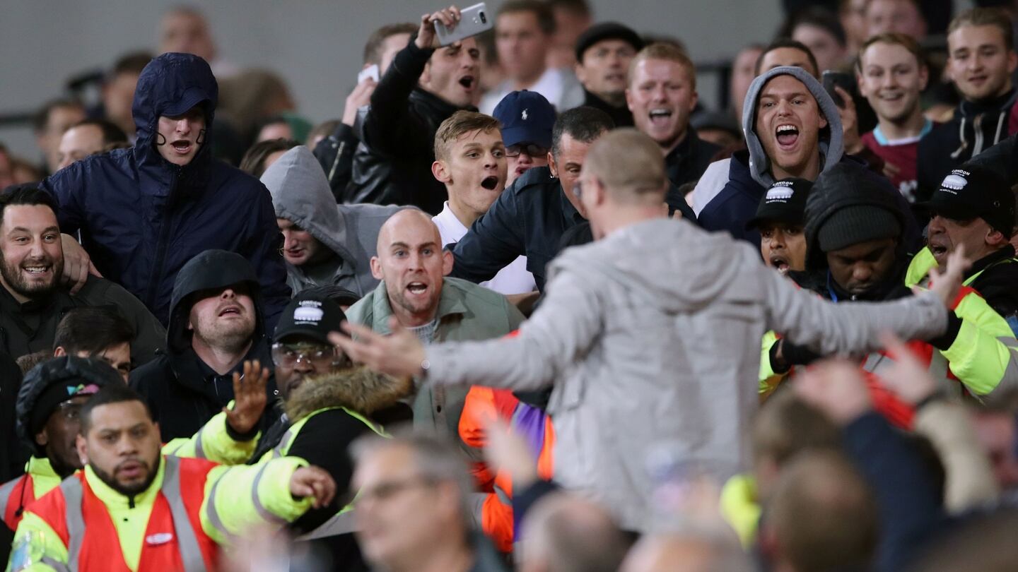 West Ham United and Chelsea fans exchange words during the League Cup, round of 16 match at the London Stadium. Photograph: EPA