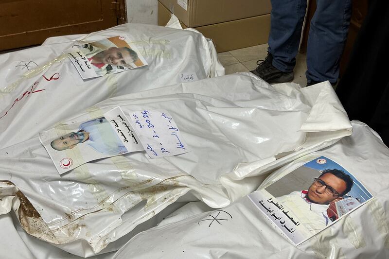The bodies of Palestinian first responders lie at Nasser Medical Complex in Khan Yunis in the southern Gaza Strip. Photograph: AFP via Getty Images