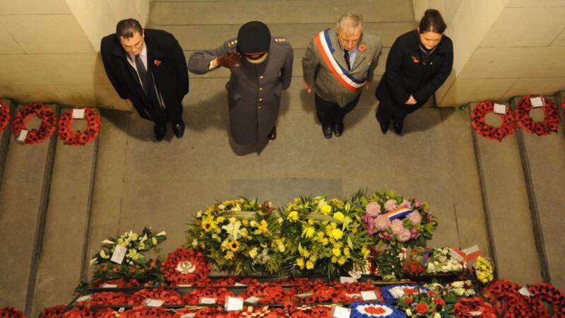 Laying wreaths at the nighty last post ceremony on Rememberance Sunday at the Menin Gate in Ypres in Belgium. Photograph: Aidan Crawley
